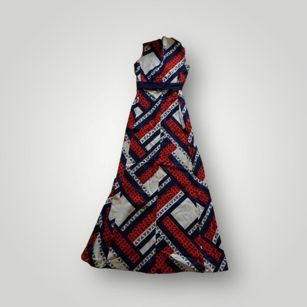 Vintage Tori Richard Honolulu Cotton Maxi Dress Red Navy Geometric Print Size 8